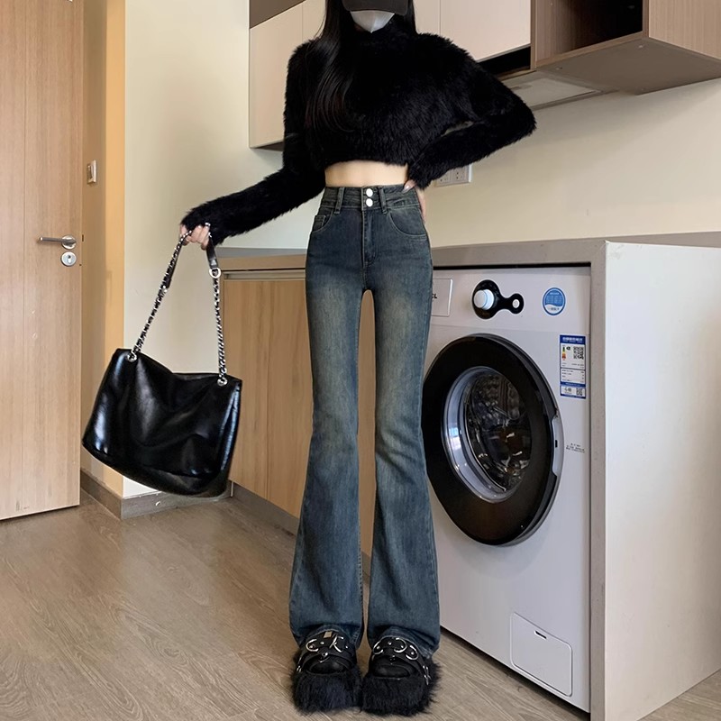 水泥灰微喇牛仔裤女秋季2025新款高腰显瘦小个子复古垂感喇叭裤子