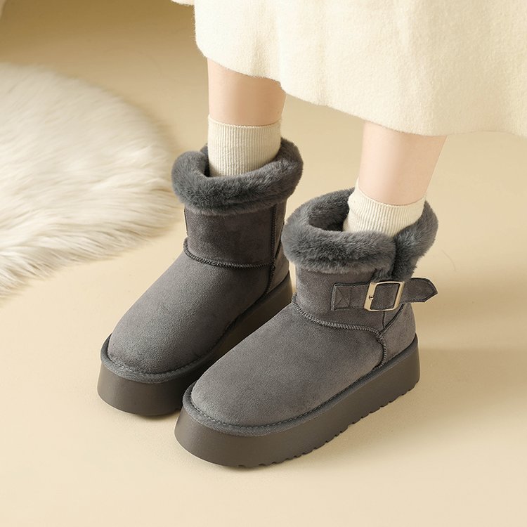 厚底灰色雪地靴女款秋冬加绒保暖勃肯棉靴2025新款皮带扣面包棉鞋