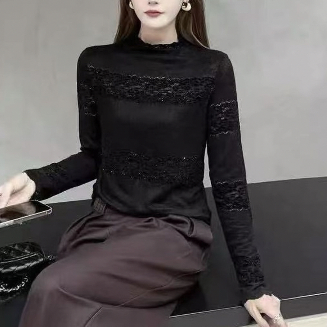 半高领烫钻镂空蕾丝衫女高端提花长袖打底衫秋冬新款上衣5017