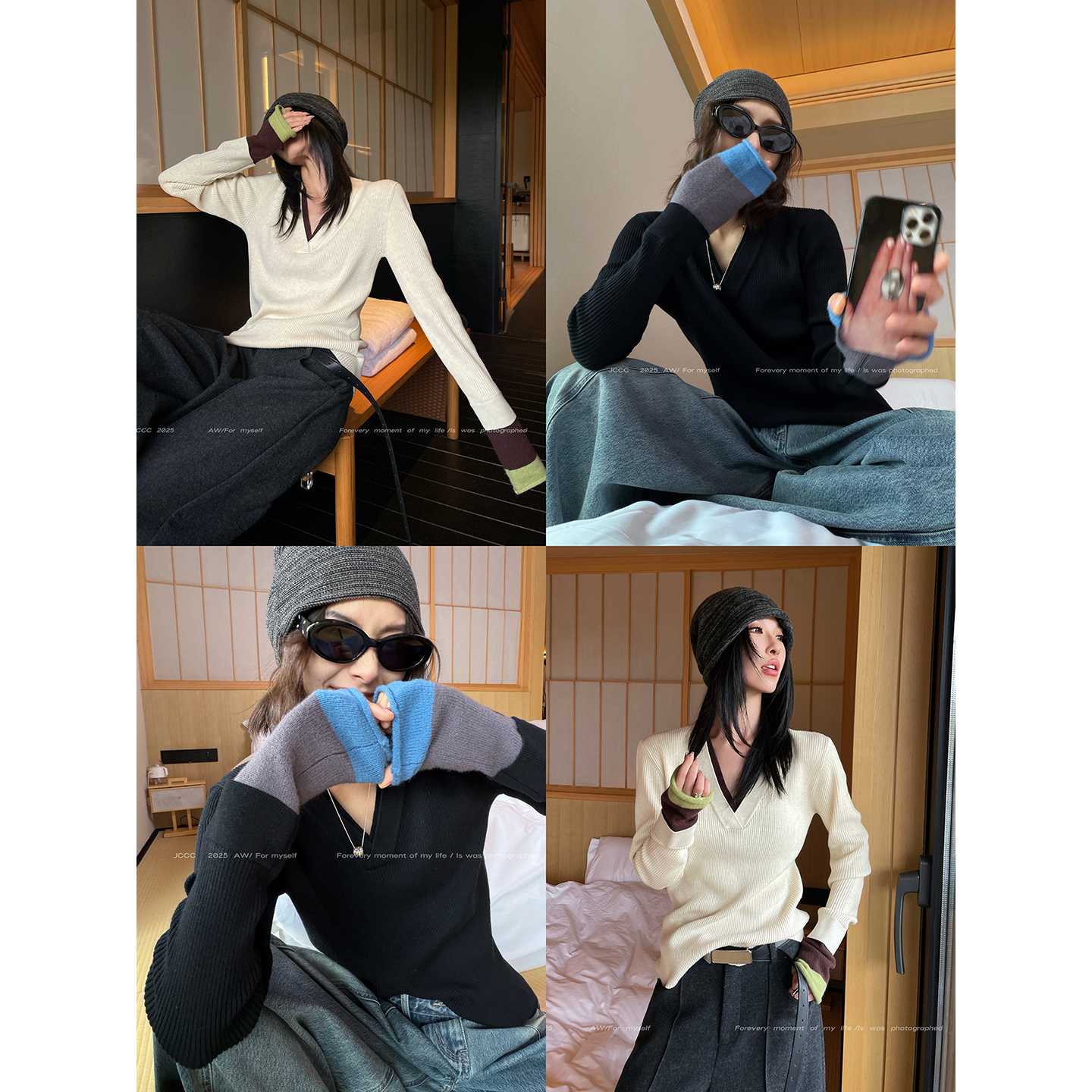 JCCC影子【智界】两色复古多巴胺撞色V领针织套头毛衣打底衫