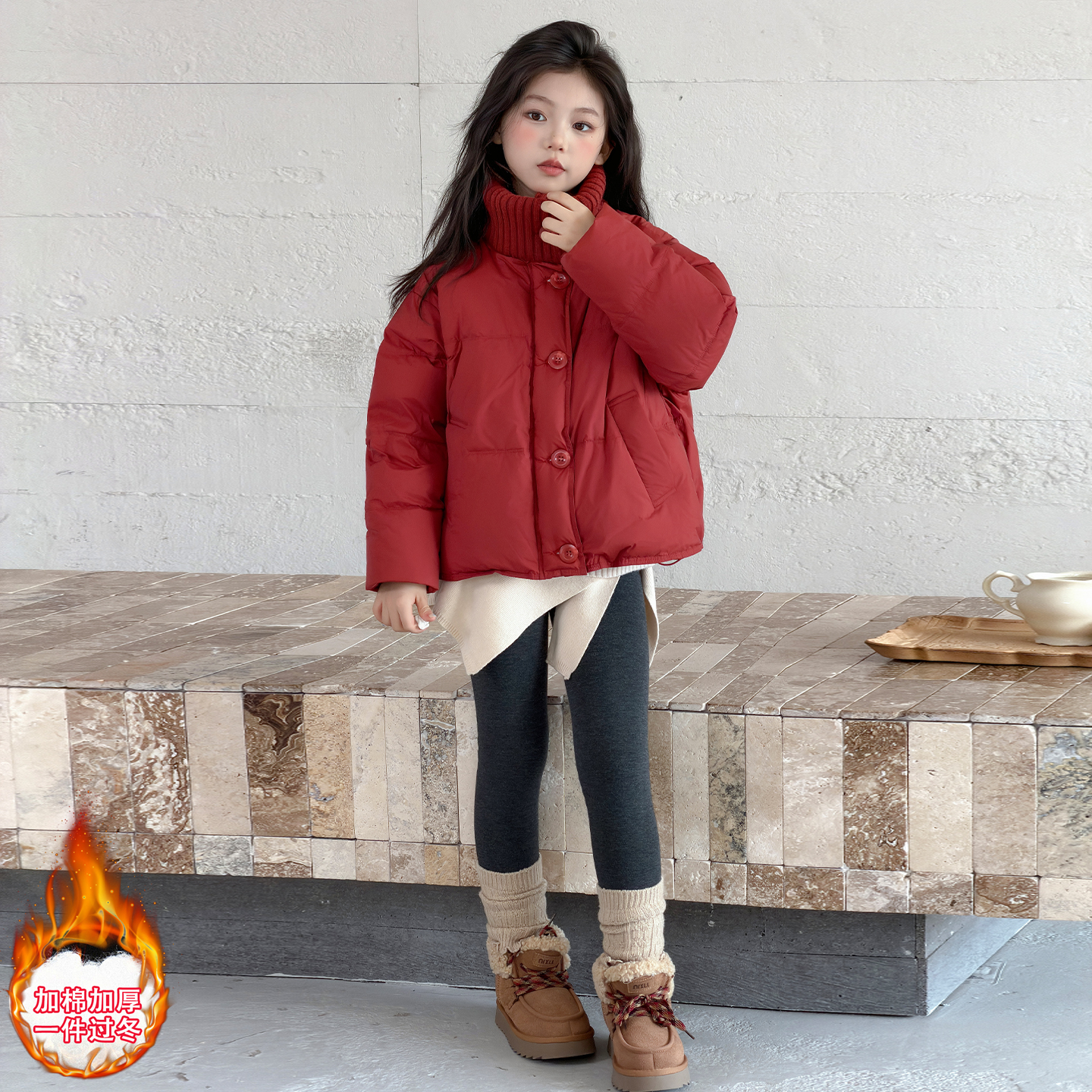 女童冬季加厚毛线领棉衣中大童2025新款儿童时髦洋气冬装年款棉袄