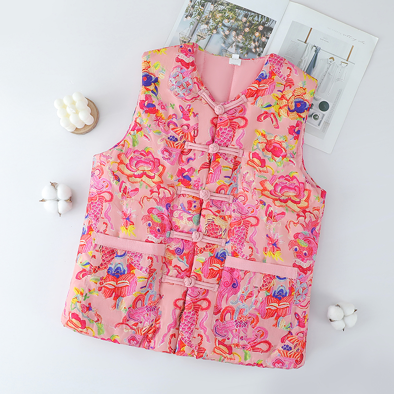 马甲纯棉花保暖冬季盘扣单排扣印花马夹双面无袖民族风碎花棉袄