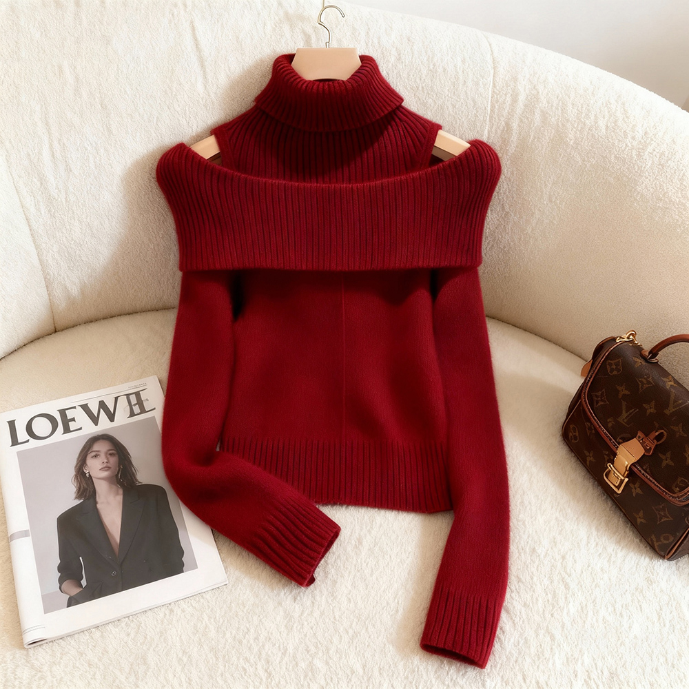 今年流行爆款穿搭韩系减龄显瘦上衣女堆堆领套头红色慵懒感针织衫