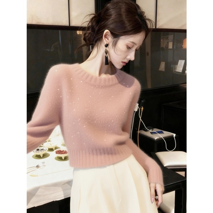 软糯慵懒风粉色亮片针织衫女2025冬季独特漂亮高级感加厚套头毛衣