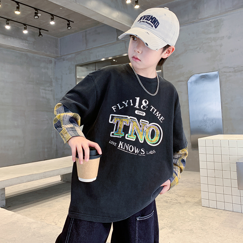 男大童秋装潮牌格子拼接假两件卫衣2025新款儿童男孩春秋帅气上衣