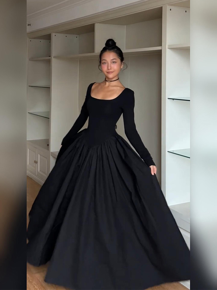 法式赫本风黑色方领长袖时尚连衣裙高级感收腰显瘦气质长裙