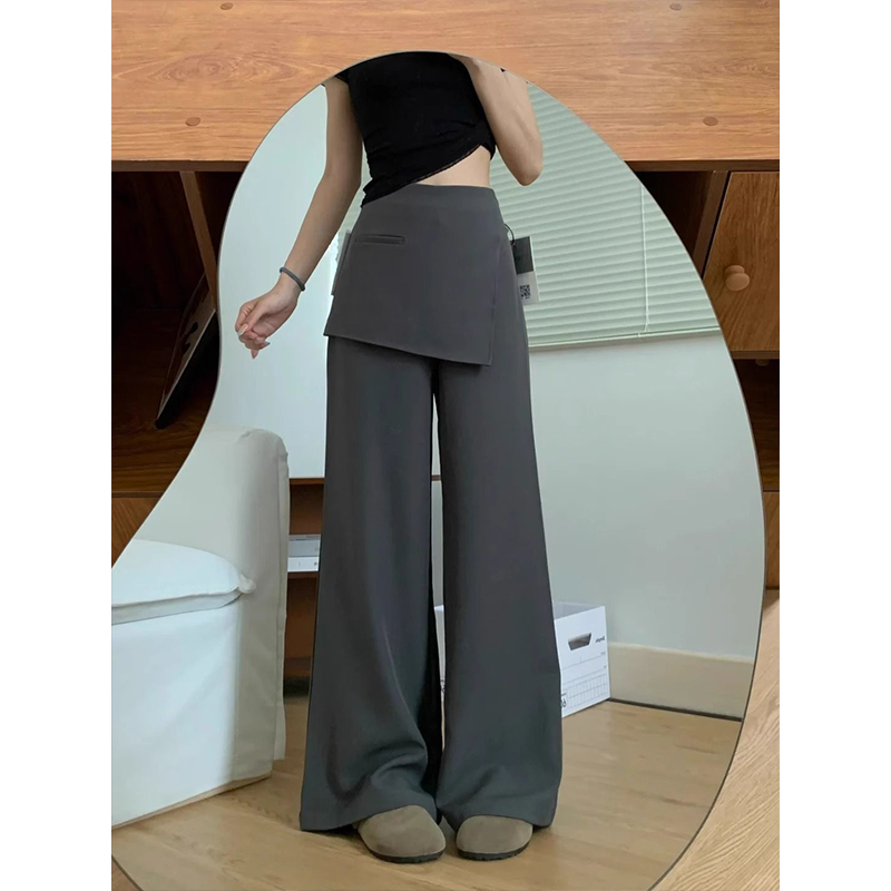 灰色假两件设计感裙裤休闲西裤女春秋季高腰显瘦直筒百搭阔腿裤子