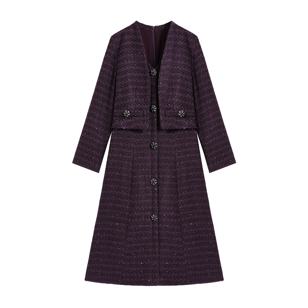 【深圳畅姐】秋冬款通勤风假两件V领收腰时尚复古小香风显瘦连衣裙