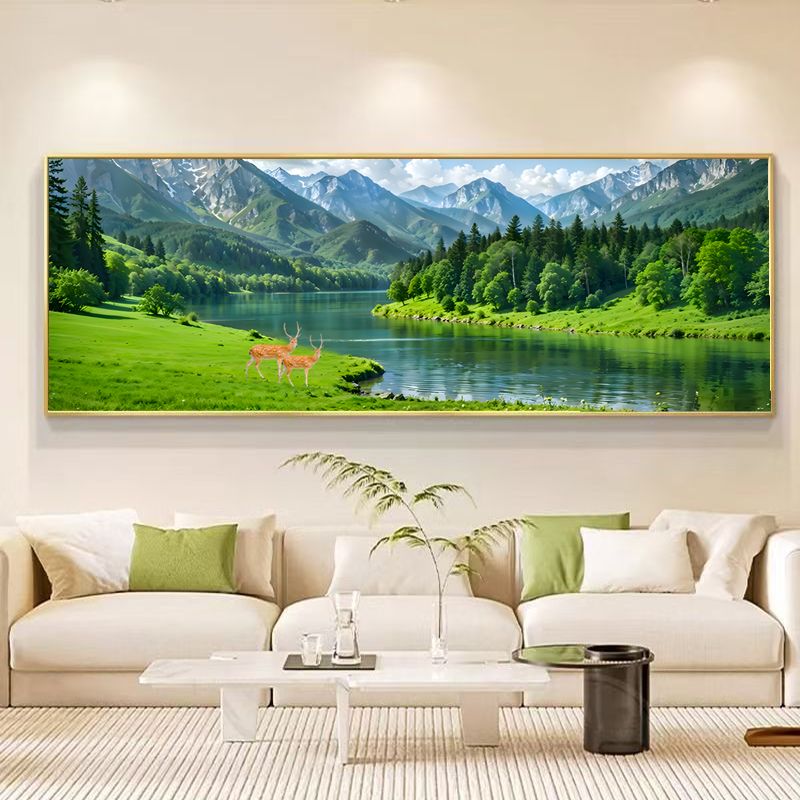 背有靠山客厅装饰画现代简约沙发后背装饰画横版绿色青山风景挂画