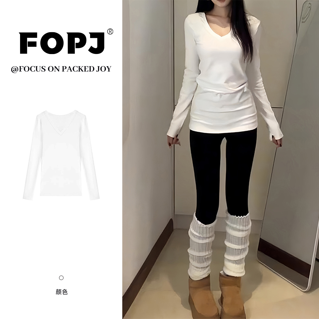 FOPJ秋冬内搭气质修身长袖t恤女德绒时尚V领辣妹纯欲风打底衫上衣