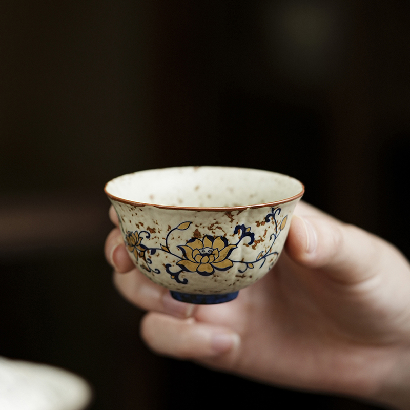 百垚纯手工手绘焦糖釉青花火石红-缠枝莲花型杯家用茶杯主人杯