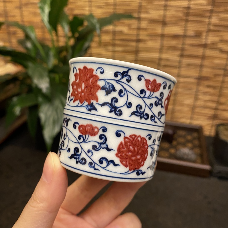 【四悦茶陶】青花釉里红缠枝莲竹节杯 景德镇茶具手工手绘