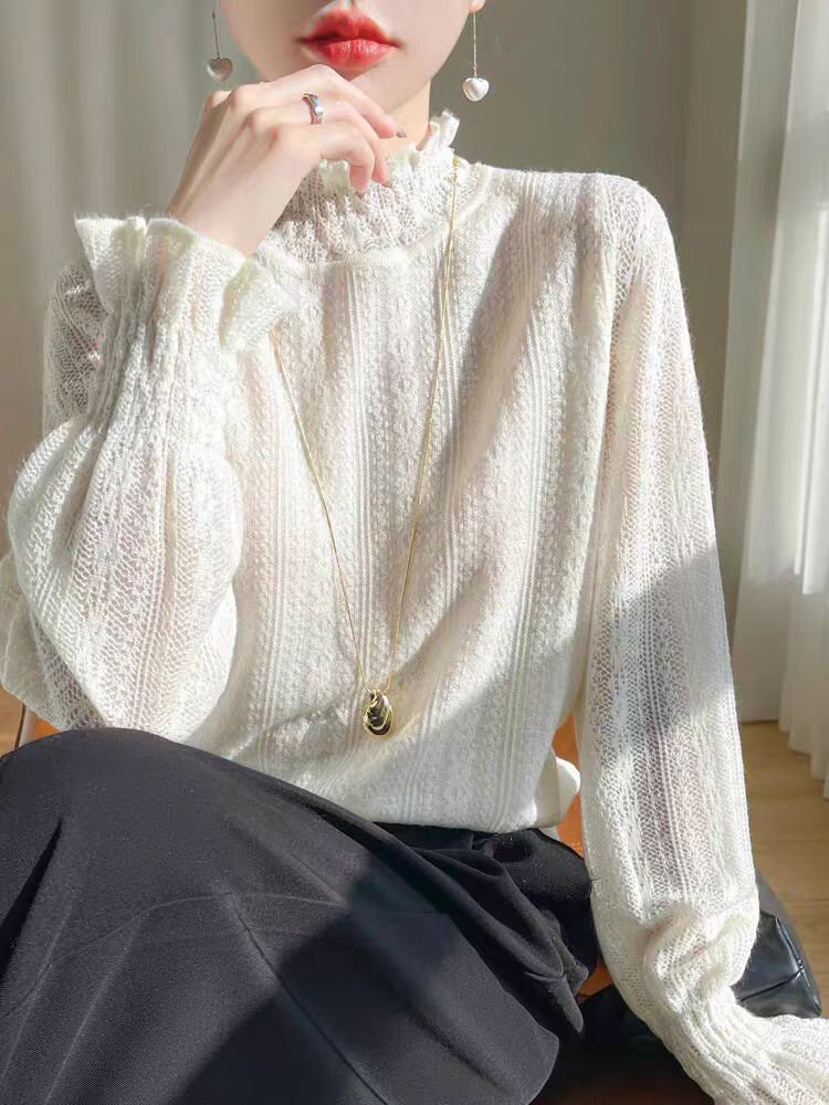 法式设计感提花波浪领蕾丝针织衫女毛衣2025宽松气质叠穿镂空上衣
