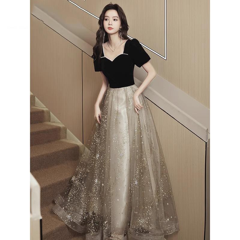 黑色法式晚礼服女2025新款高级感艺考主持轻奢小众高端成人连衣裙