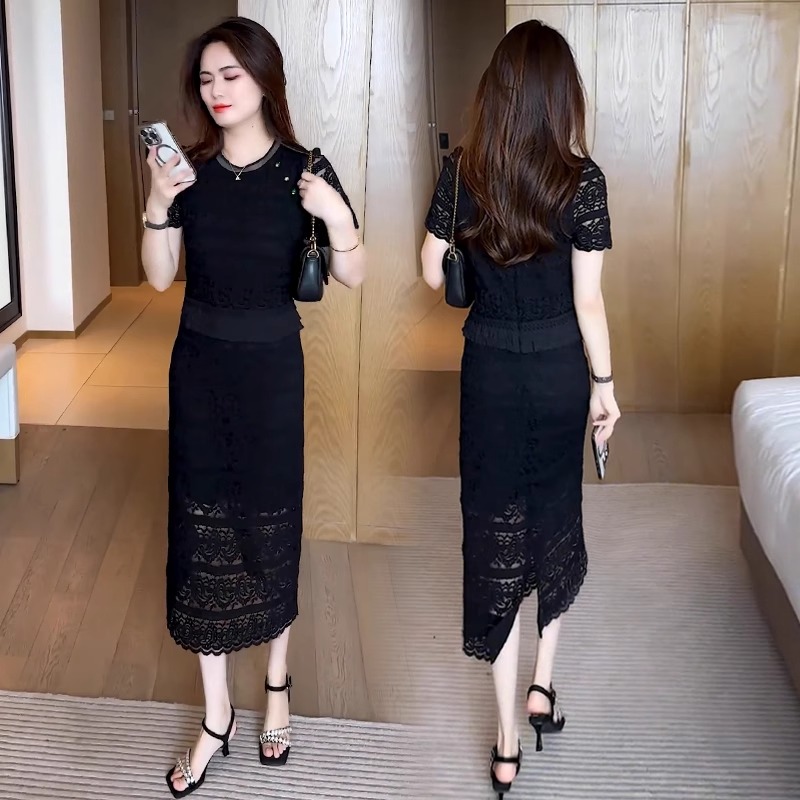 时尚气质蕾丝套装裙女2025夏季新款洋气减龄显瘦遮肉小众连衣裙潮