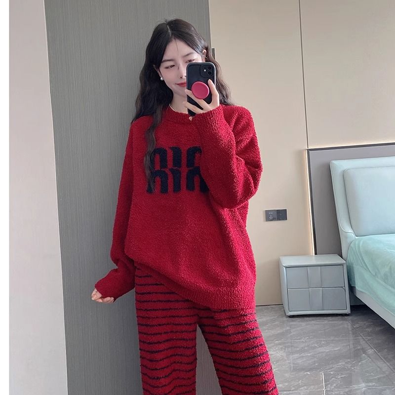 半边绒睡衣女秋冬季红色本命年冬款套头加绒加厚字母家居服套装女