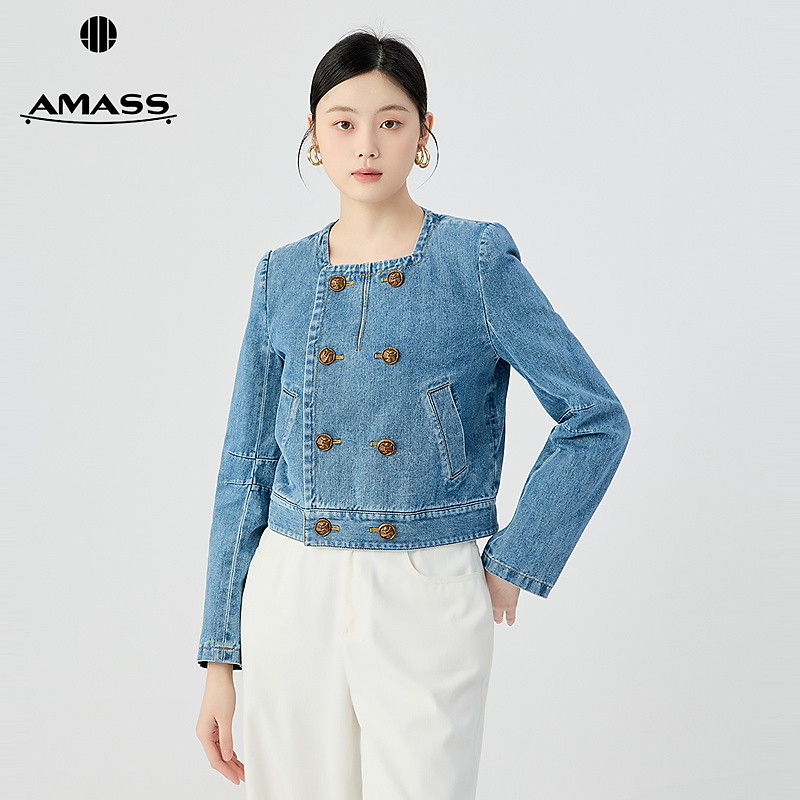 阿玛施AMASS新款女装复古时髦双排扣圆领百搭牛仔小香外套540019