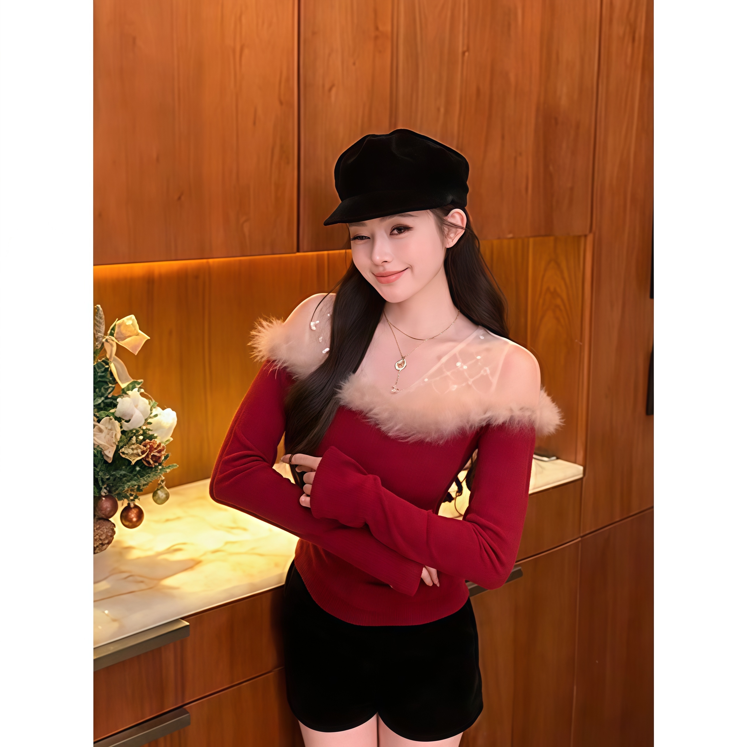 高级设计感蕾丝拼接毛毛一字领T恤女装秋冬圣诞新年修身显瘦上衣