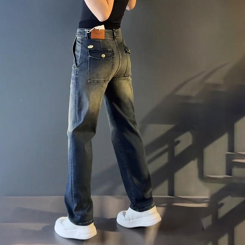 轻奢男装大码潮牌男士时尚新款加绒牛仔裤直筒休闲长裤设计感秋冬