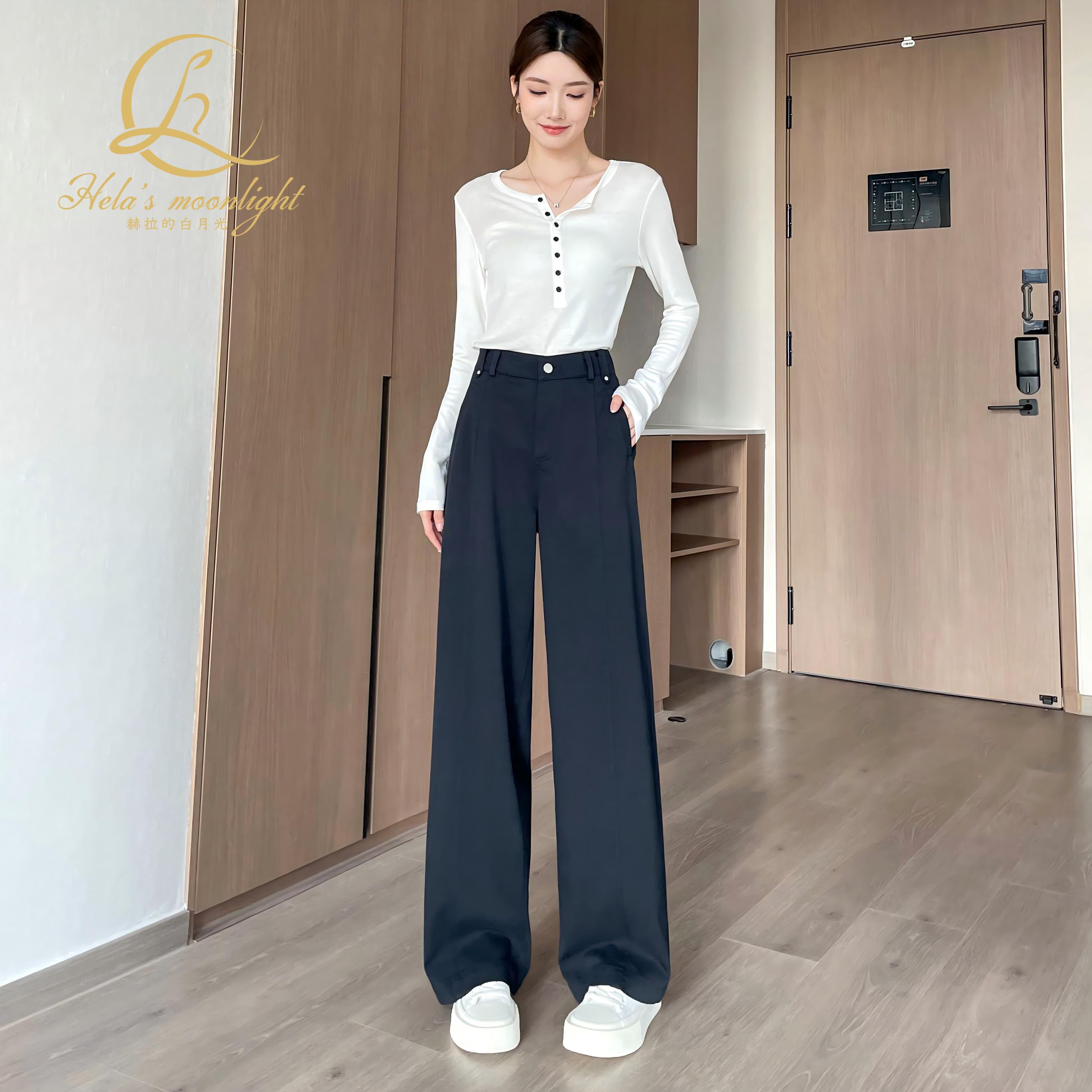 藏蓝色莱赛尔阔腿牛仔裤女春秋2025新款高腰垂感显瘦直筒弯刀裤