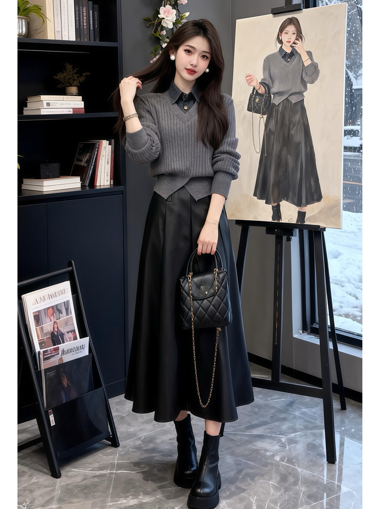 时尚2025秋冬季洋气时髦新款巨好看灰色毛衣黑色半身皮裙一整套女