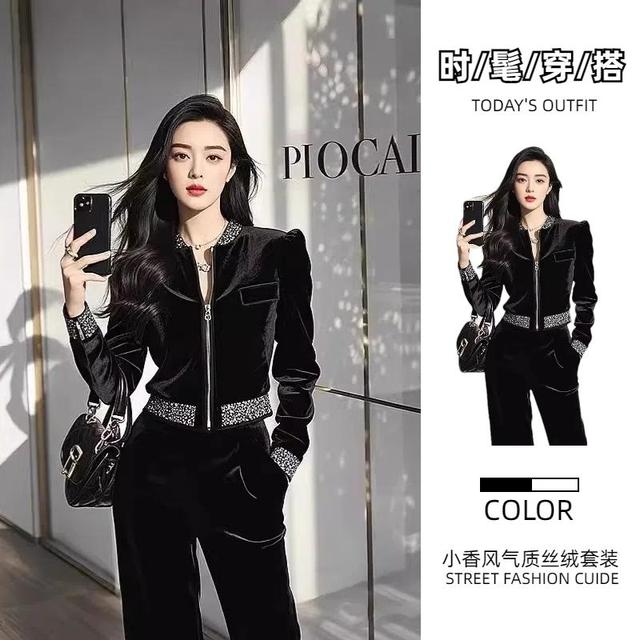 黑色炸春季休闲喇新款女2025街两时尚套装外套微运动裤丝绒件套潮