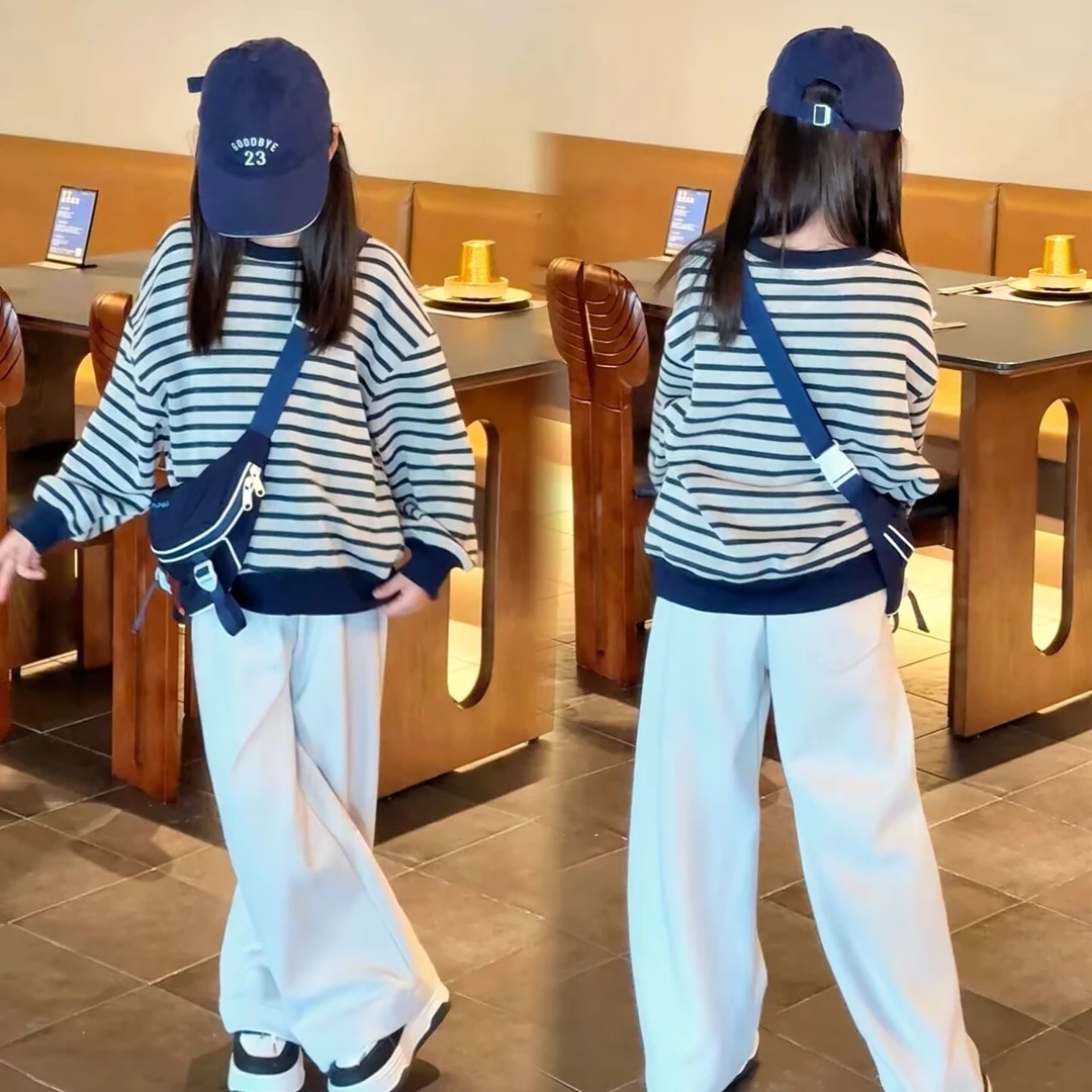 女童套装儿童春秋休闲风百搭条纹套头卫衣女孩糯米裤韩版休闲童装