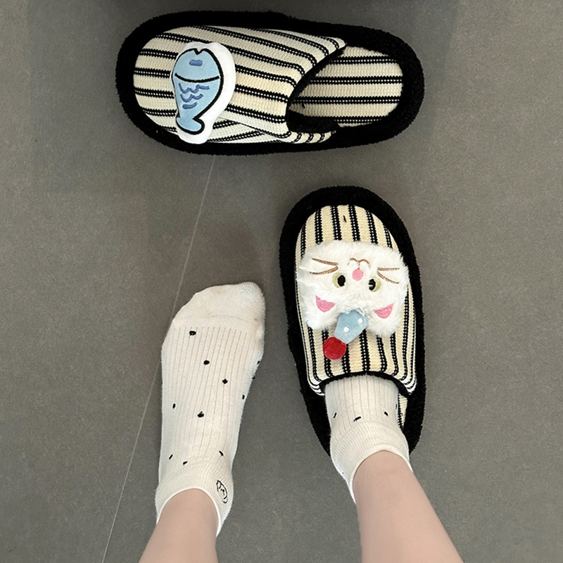 时尚可爱卡通小猫和鱼拖鞋女2025冬季日式居家室内防滑地板棉拖鞋