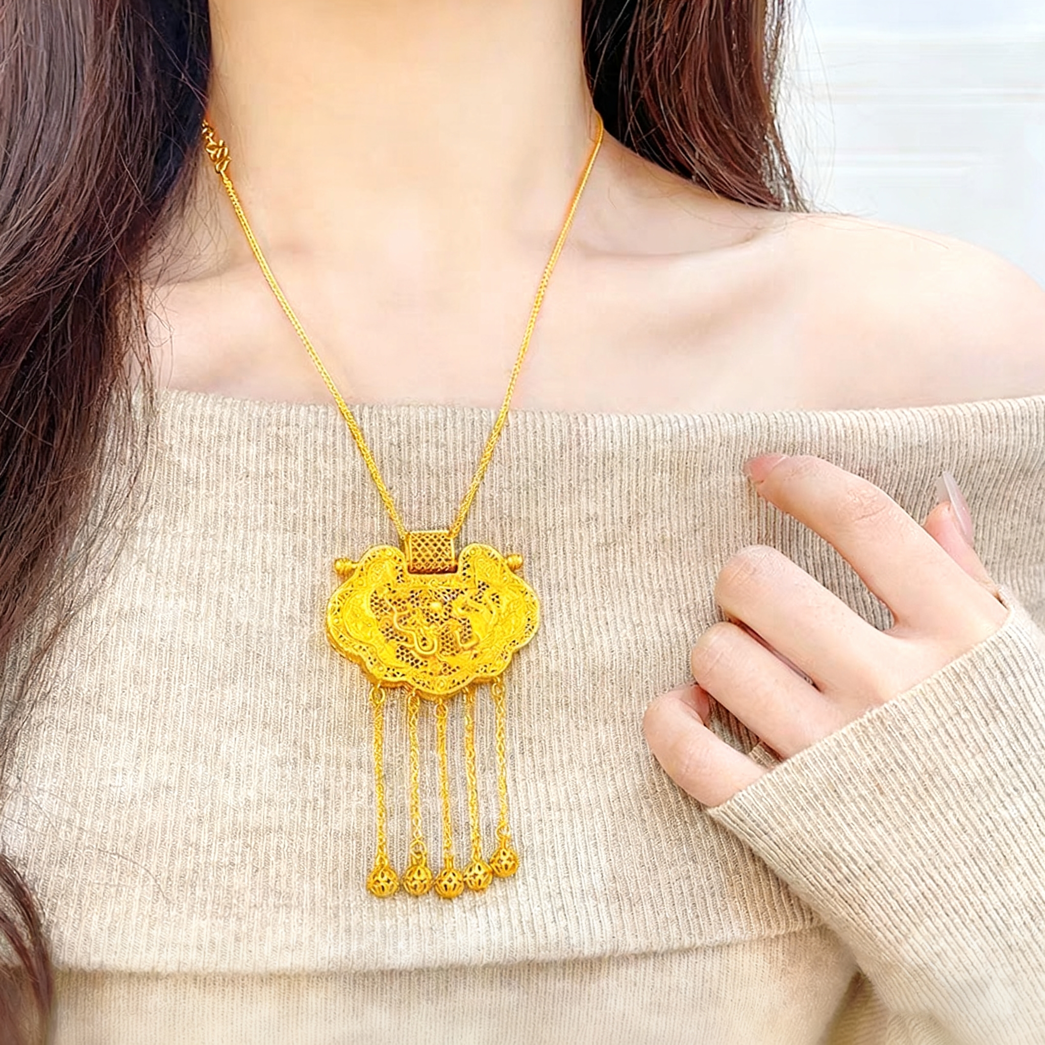 铜合金布艺吊坠 天子门生锁包吊坠龙凤呈祥项链挂坠黄金色锁骨链