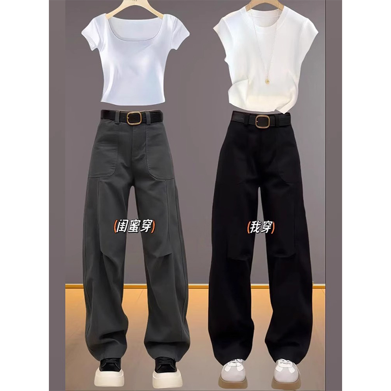 高腰弯刀牛仔裤秋季款女梨形身材大码胖mm宽松显瘦窄版工装阔腿裤