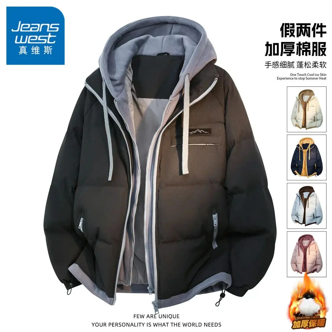 真维斯冬季假两件棉衣男生美式潮流时尚面包服加厚保暖情侣款棉服