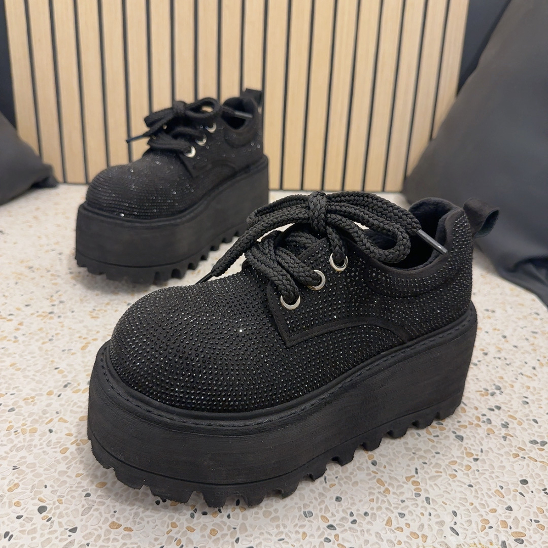 欧货重工满天星水钻系带厚底小皮鞋英伦满钻乐福鞋增高百搭松糕鞋