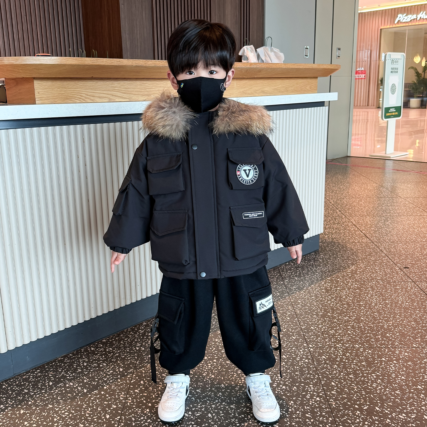 男童大毛领棉服冬季儿童加绒派克服2025新款帅气男宝保暖棉衣外套