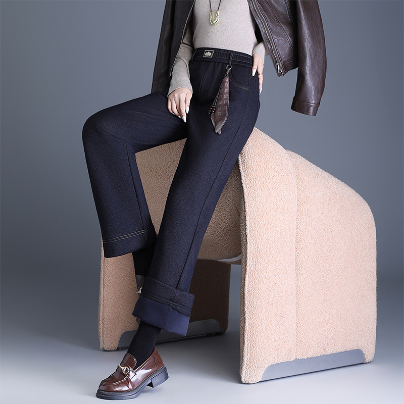 松紧腰窄版丹宁蓝直筒裤女2025秋冬新款高腰垂感宽松显瘦阔腿长裤