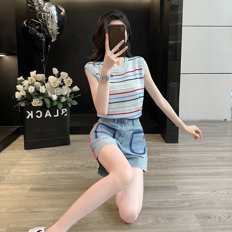 小个子穿搭一整套夏季洋气条纹无袖针织衫显瘦百搭牛仔短裤两件套