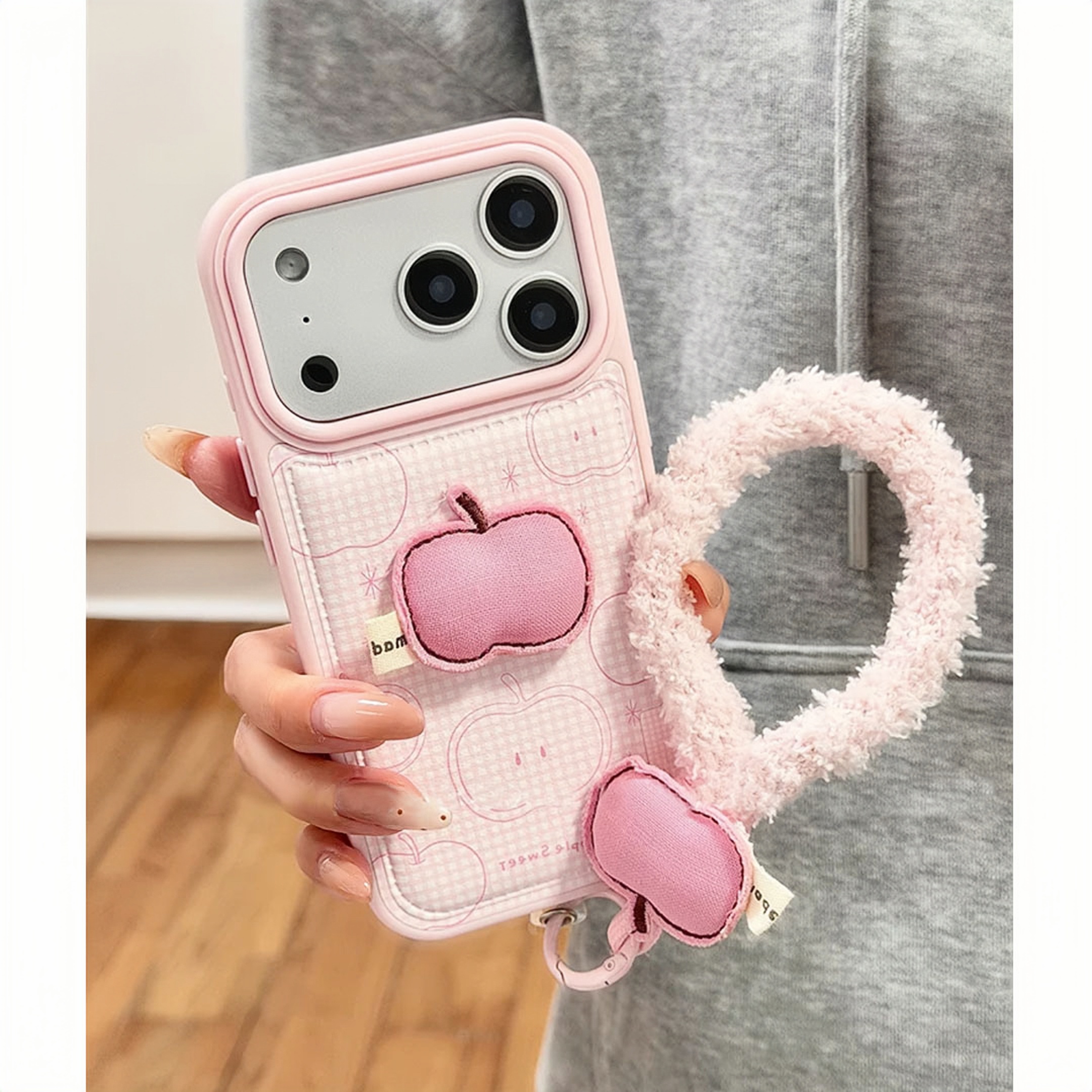 韩风ins粉格布艺苹果适用苹果17promax秋冬13/16手机壳15挂绳14女