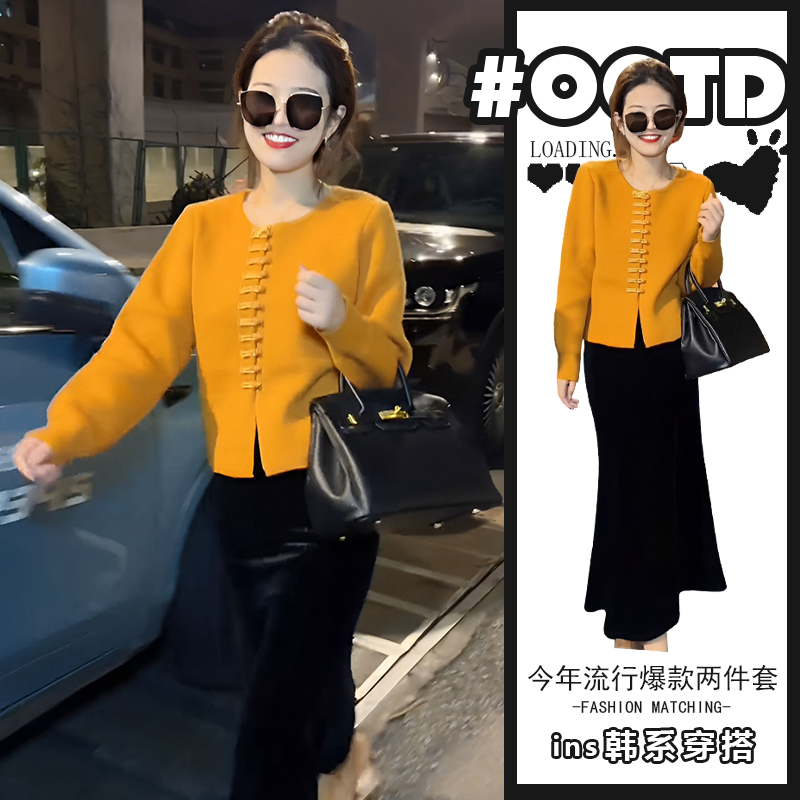茶系穿搭一整套别致绝美设计感小众开衫毛衣外套显瘦半身裙两件套