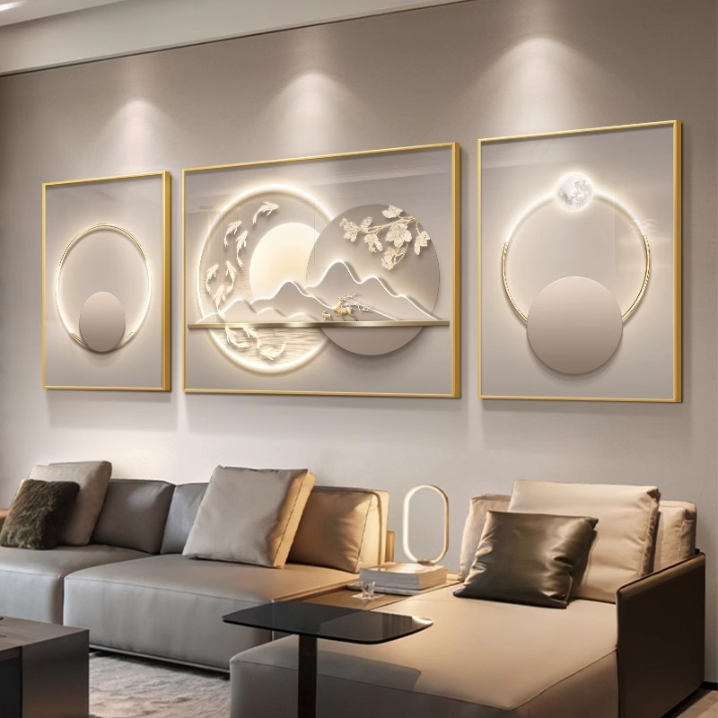 九鱼图山水客厅装饰画现代轻奢沙发背景墙挂画高级感三联组合壁画