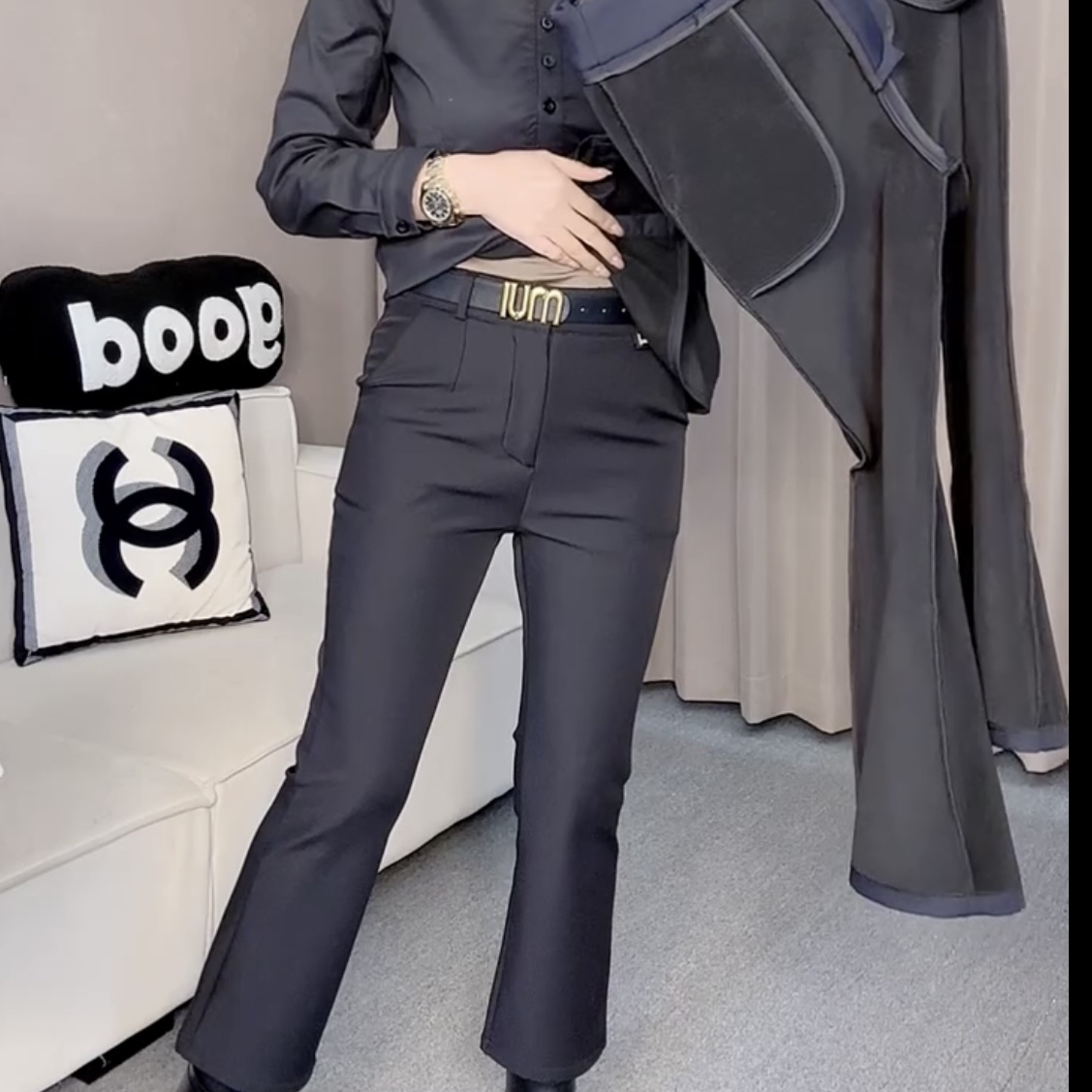 加绒黑色微喇西装裤2025秋冬梨形身材小个子弹力九分高腰显瘦休闲