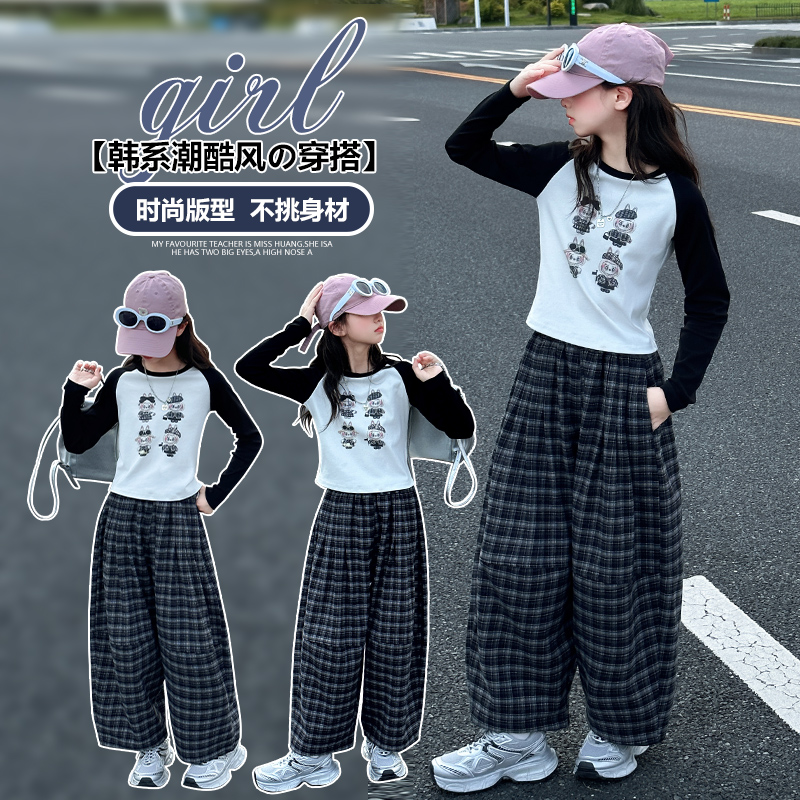 女童套装春秋款2025新款中大儿童洋气卡通打底衫休闲格子裤两件套