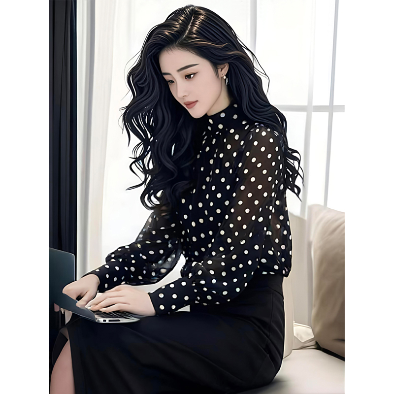杭州正版雪纺上衣女高级感气质波点长袖衬衫+西装半身裙两件套