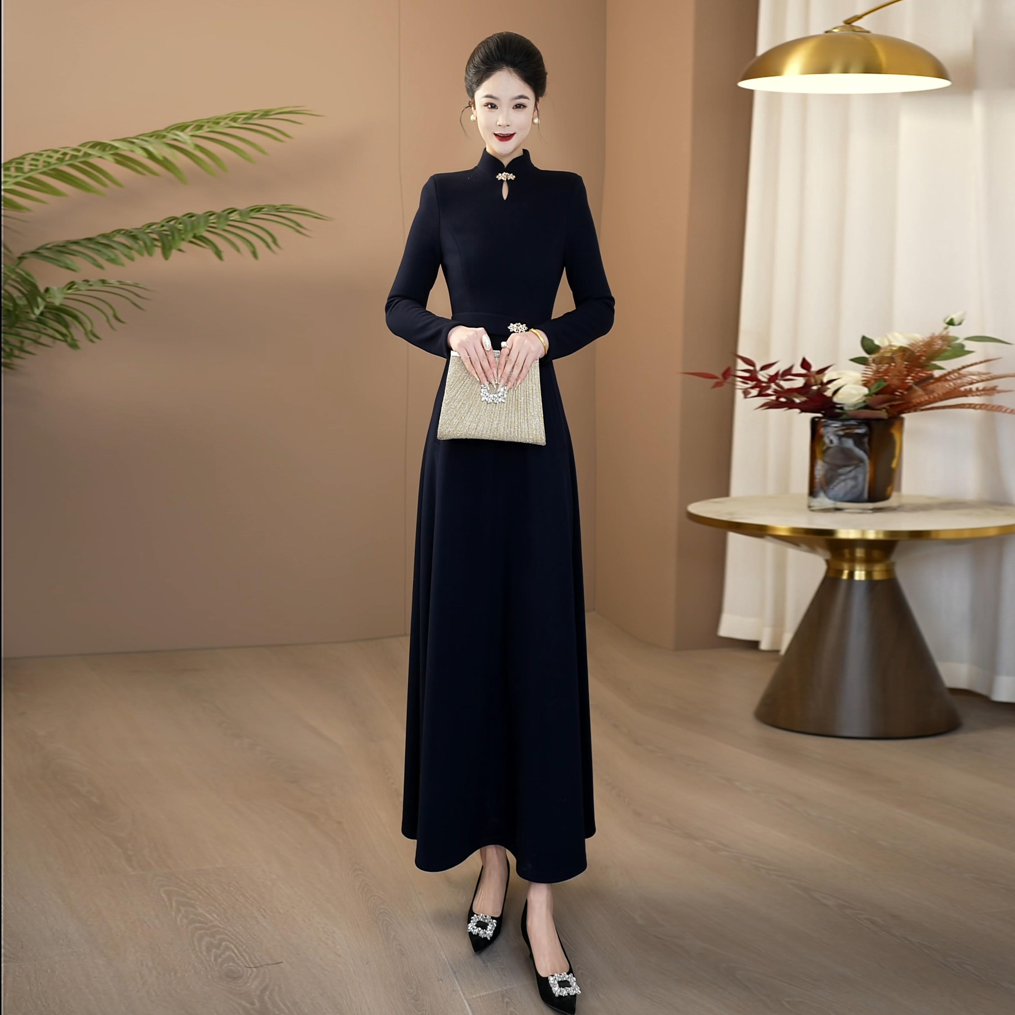 高级简约新中式风优雅连衣裙加绒加厚2025新款遮肉显瘦长裙281