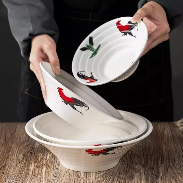 传统文化陶瓷公鸡面碗怀旧经典老式鸡公碗直口碗面碗汤碗农庄餐具