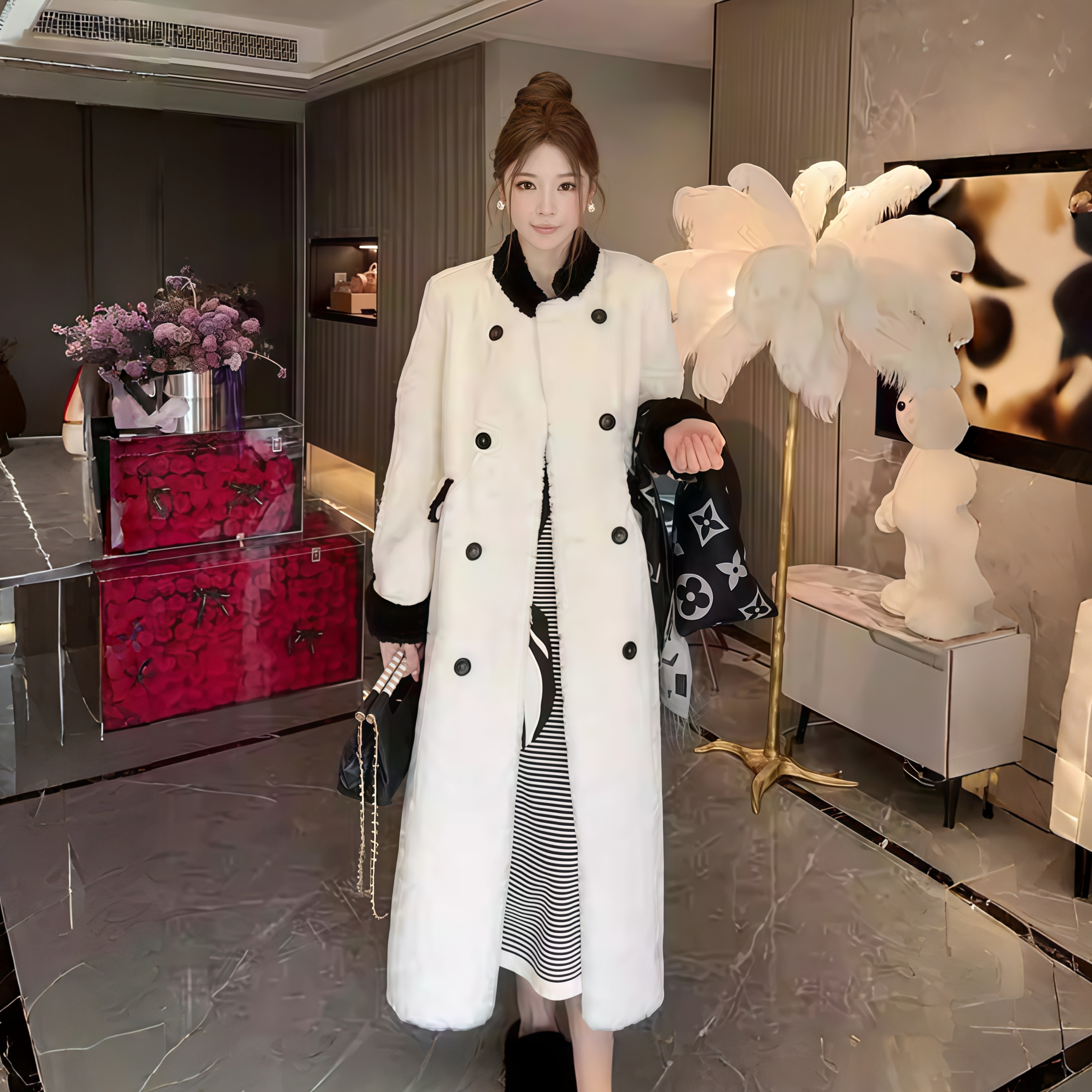 轻熟气质简约撞色毛绒外套女装2025秋冬新款保暖加厚皮毛一体大衣