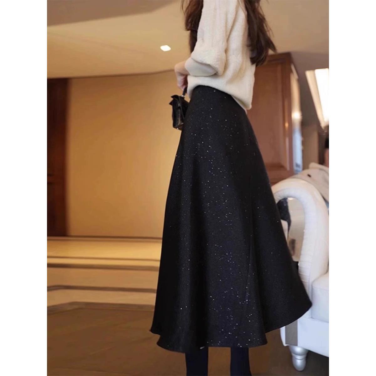 GDAMS商场同款2025秋冬新款百搭黑色毛呢伞裙女显瘦A字大摆半身裙