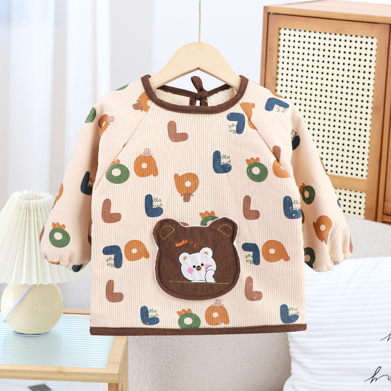 宝宝加绒罩衣外套秋冬外穿吃饭围兜套棉衣保暖外套长袖护衣洋气