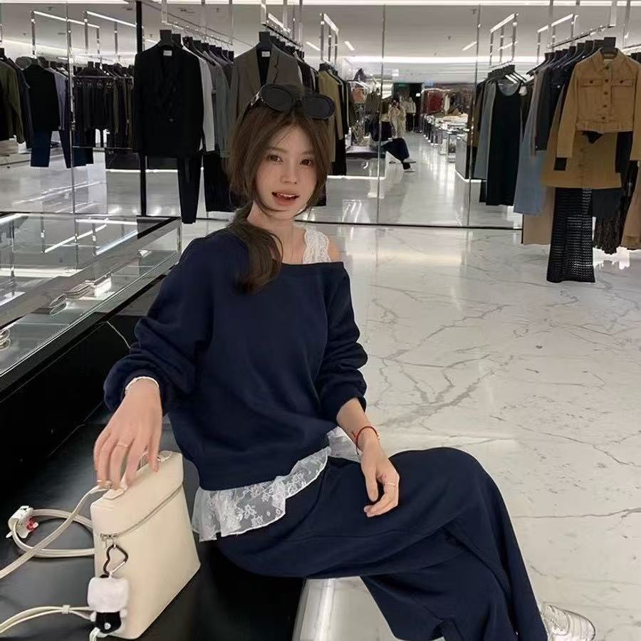 斜领卫衣休闲裤棉睡衣女春秋季两件套新款露肩运动套装家居服外穿