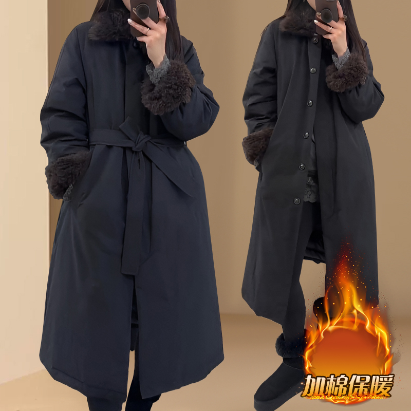 韩式风毛毛翻领派克服女秋冬中长款系带收腰显瘦夹棉保暖棉服外套