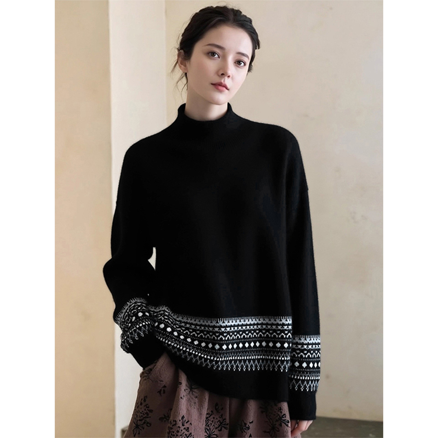 高级感费尔岛风半高领长袖针织衫女秋冬新款时髦宽松保暖软糯毛衣