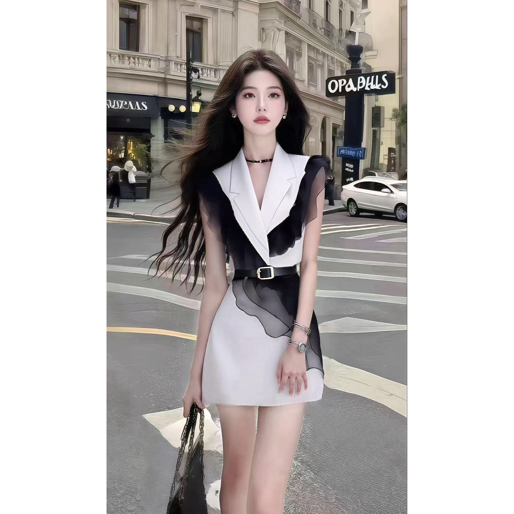 轻奢时尚气质拼接V领修身收腰不规则设计感连衣裙女显瘦百搭小众